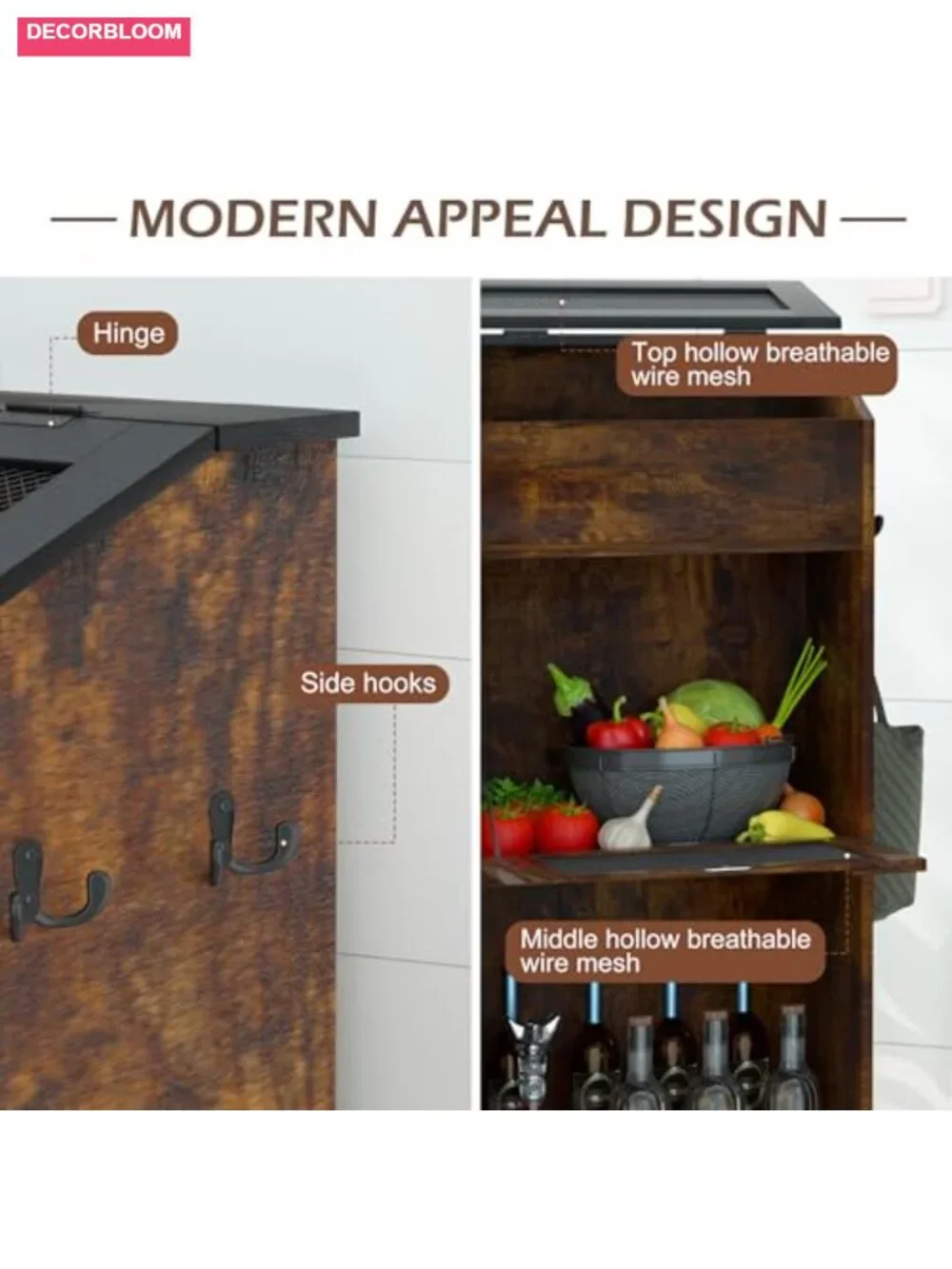 MDF Wood Potato Onion Storage Bin with Lid and Ventilated Wire Mesh Doors for